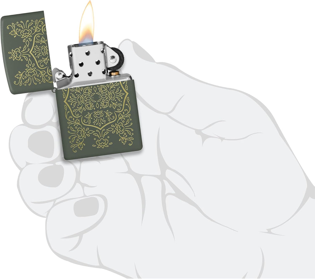 Zippo Floral Mandala Design Green Matte Pocket Lighter (Green Floral Mandala)
